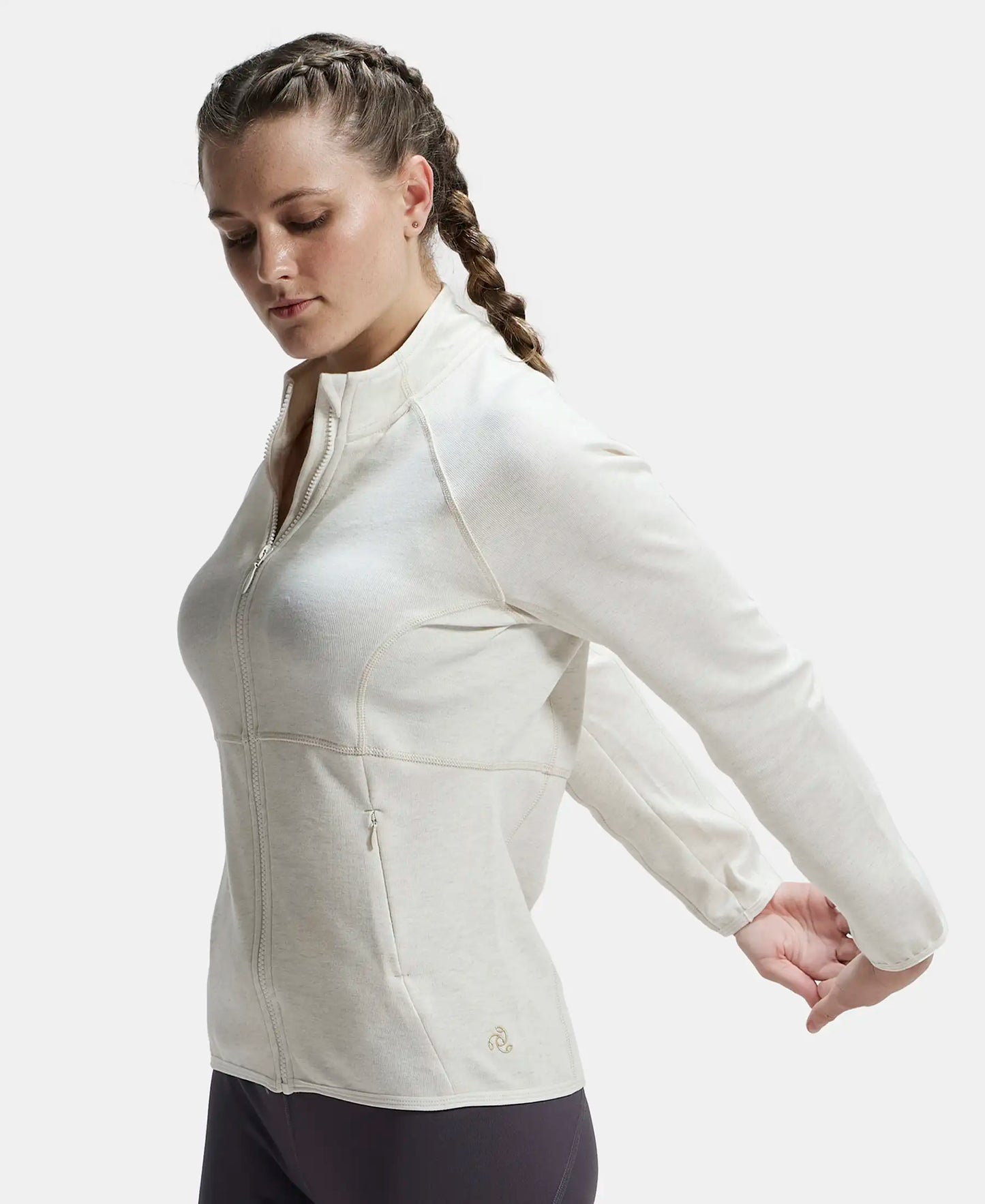 Polyester Cotton Interlock Slim Fit Full Zip High Neck Jacket with Convenient Zipper Pockets - Cream Melange-5