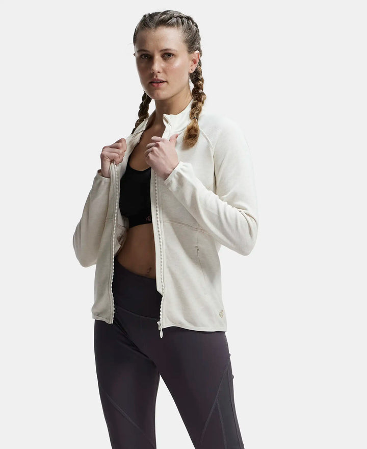 Polyester Cotton Interlock Slim Fit Full Zip High Neck Jacket with Convenient Zipper Pockets - Cream Melange-6