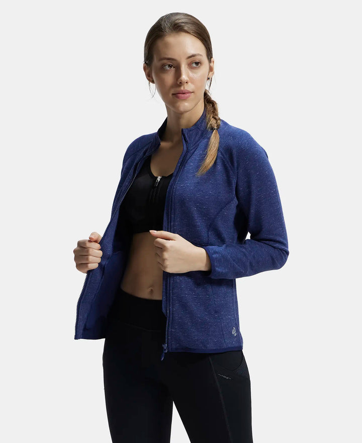 Polyester Cotton Interlock Slim Fit Full Zip High Neck Jacket with Convenient Zipper Pockets - Imperal Blue Snow Melange-2