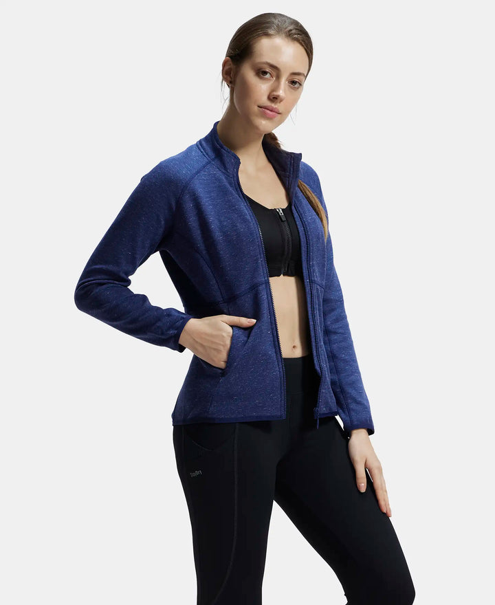 Polyester Cotton Interlock Slim Fit Full Zip High Neck Jacket with Convenient Zipper Pockets - Imperal Blue Snow Melange-6