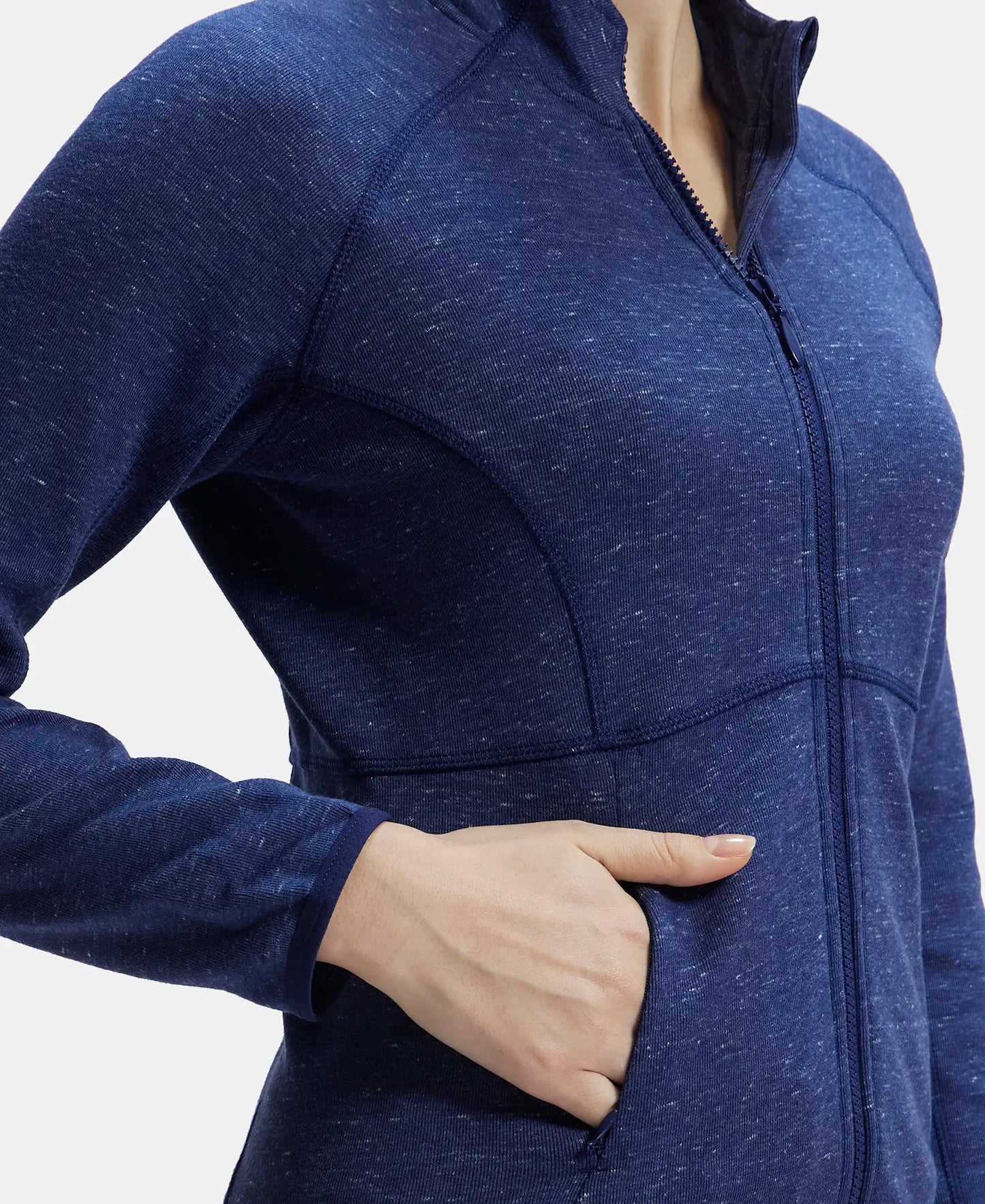 Polyester Cotton Interlock Slim Fit Full Zip High Neck Jacket with Convenient Zipper Pockets - Imperal Blue Snow Melange-7