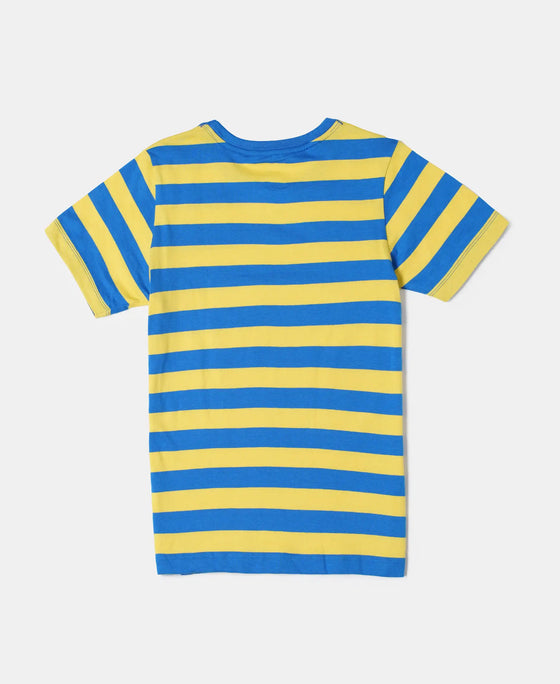 Super Combed Cotton Striped Half Sleeve T-Shirt - Neon Blue & Maize-2
