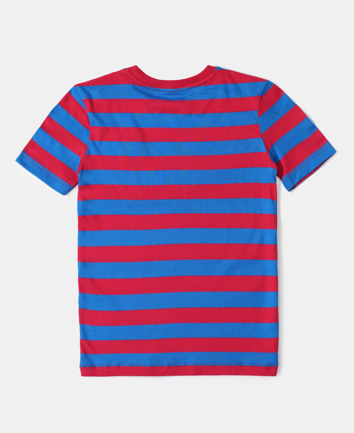 Super Combed Cotton Striped Half Sleeve T-Shirt - Team Red/J Neon Blue-2
