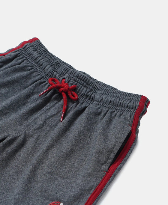Super Combed Cotton Rich Graphic Printed Shorts with Contrast Side Taping - Charcoal Melange & Shanghai Red-3