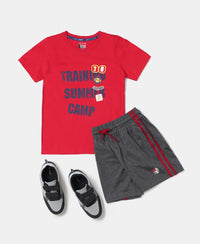 Super Combed Cotton Rich Graphic Printed Shorts with Contrast Side Taping - Charcoal Melange & Shanghai Red-4