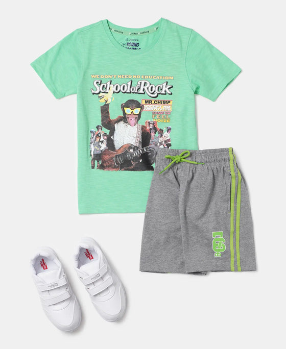 Super Combed Cotton Rich Graphic Printed Shorts with Contrast Side Taping - Grey Melange & Greenary-4