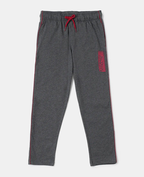 Super Combed Cotton Rich Graphic Printed Trackpants with Contrast Side Piping - Charcoal Melange & Shanghai Red-1