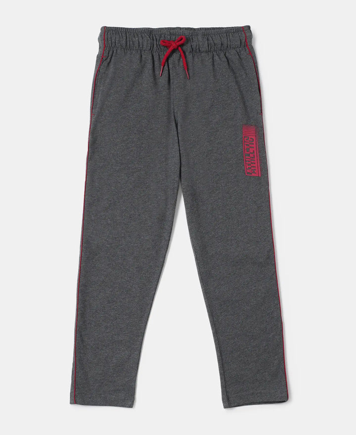 Super Combed Cotton Rich Graphic Printed Trackpants with Contrast Side Piping - Charcoal Melange & Shanghai Red-1