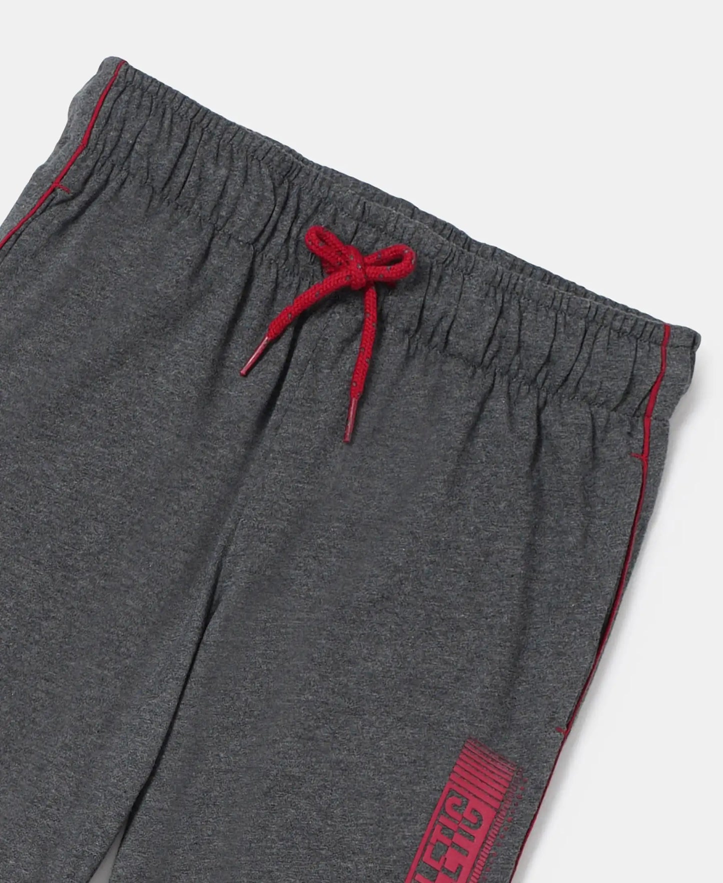 Super Combed Cotton Rich Graphic Printed Trackpants with Contrast Side Piping - Charcoal Melange & Shanghai Red-3