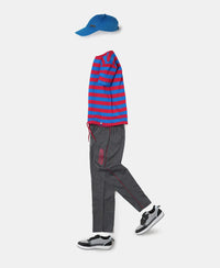 Super Combed Cotton Rich Graphic Printed Trackpants with Contrast Side Piping - Charcoal Melange & Shanghai Red-4