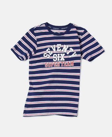 Super Combed Cotton Striped Graphic Printed Half Sleeve T-Shirt - Blue Depth-5