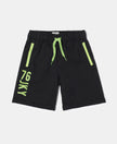 Super Combed Cotton Rich French Terry Graphic Printed Shorts with Turn Up Hem Styling - Black-1