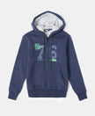 Super Combed Cotton Rich Fleece Fabric Graphic Printed Hoodie Jacket - Ink Blue Melange-1