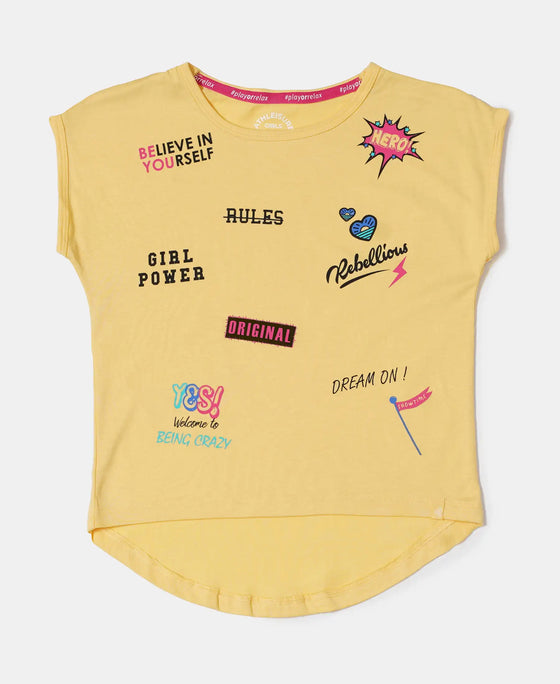Micro Modal Cotton Printed Short Sleeve T-Shirt with Hi Low Hem - Banana Cream-1