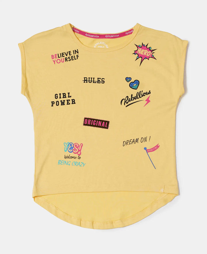 Micro Modal Cotton Printed Short Sleeve T-Shirt with Hi Low Hem - Banana Cream-1