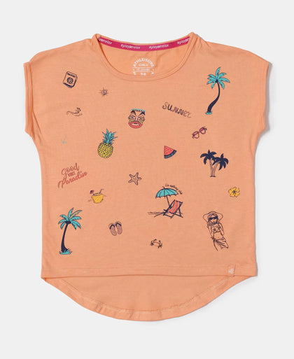 Micro Modal Cotton Printed Short Sleeve T-Shirt with Hi Low Hem - Coral Reef-1
