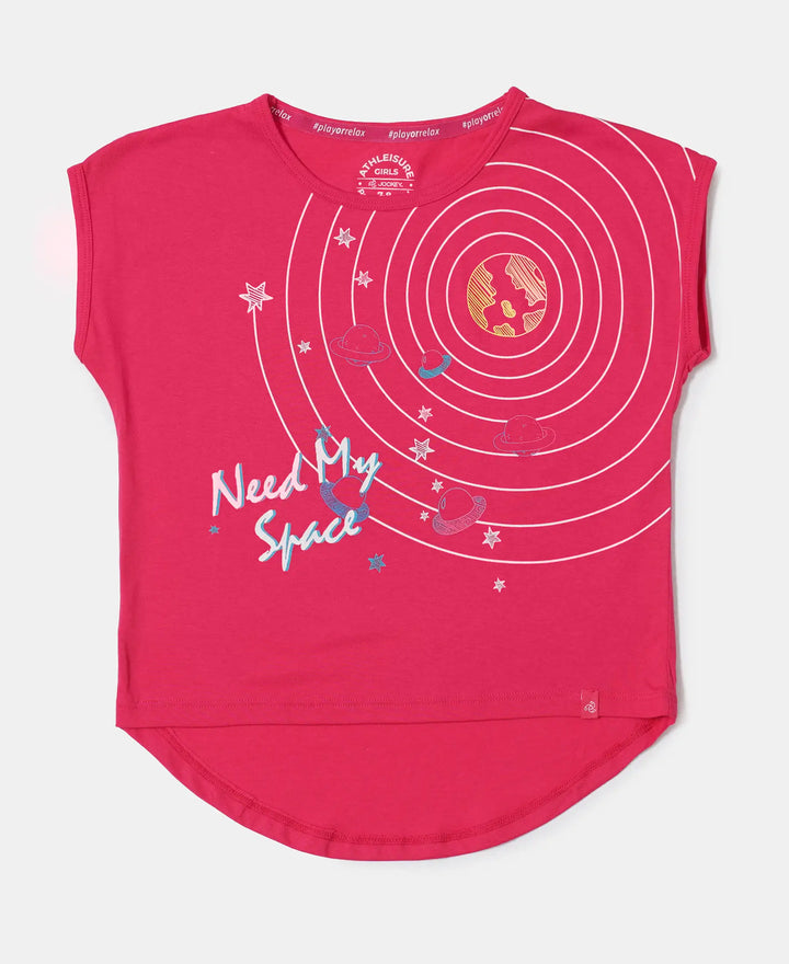 Micro Modal Cotton Printed Short Sleeve T-Shirt with Hi Low Hem - Ruby-1