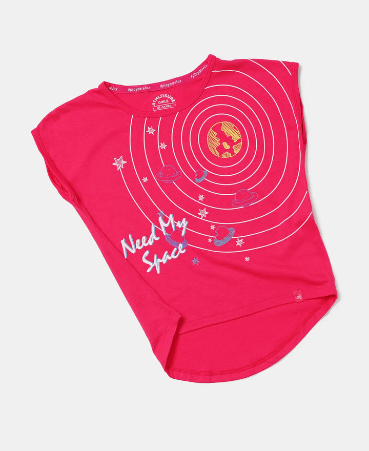 Micro Modal Cotton Printed Short Sleeve T-Shirt with Hi Low Hem - Ruby-5