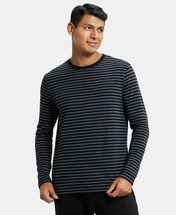 Super Combed Cotton Rich Striped Round Neck Full Sleeve T-Shirt - Black & Charcoal Melange-1