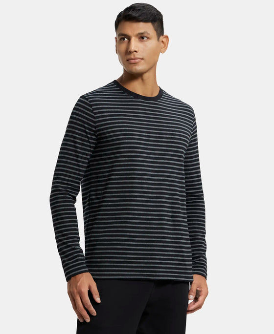 Super Combed Cotton Rich Striped Round Neck Full Sleeve T-Shirt - Black & Charcoal Melange-2