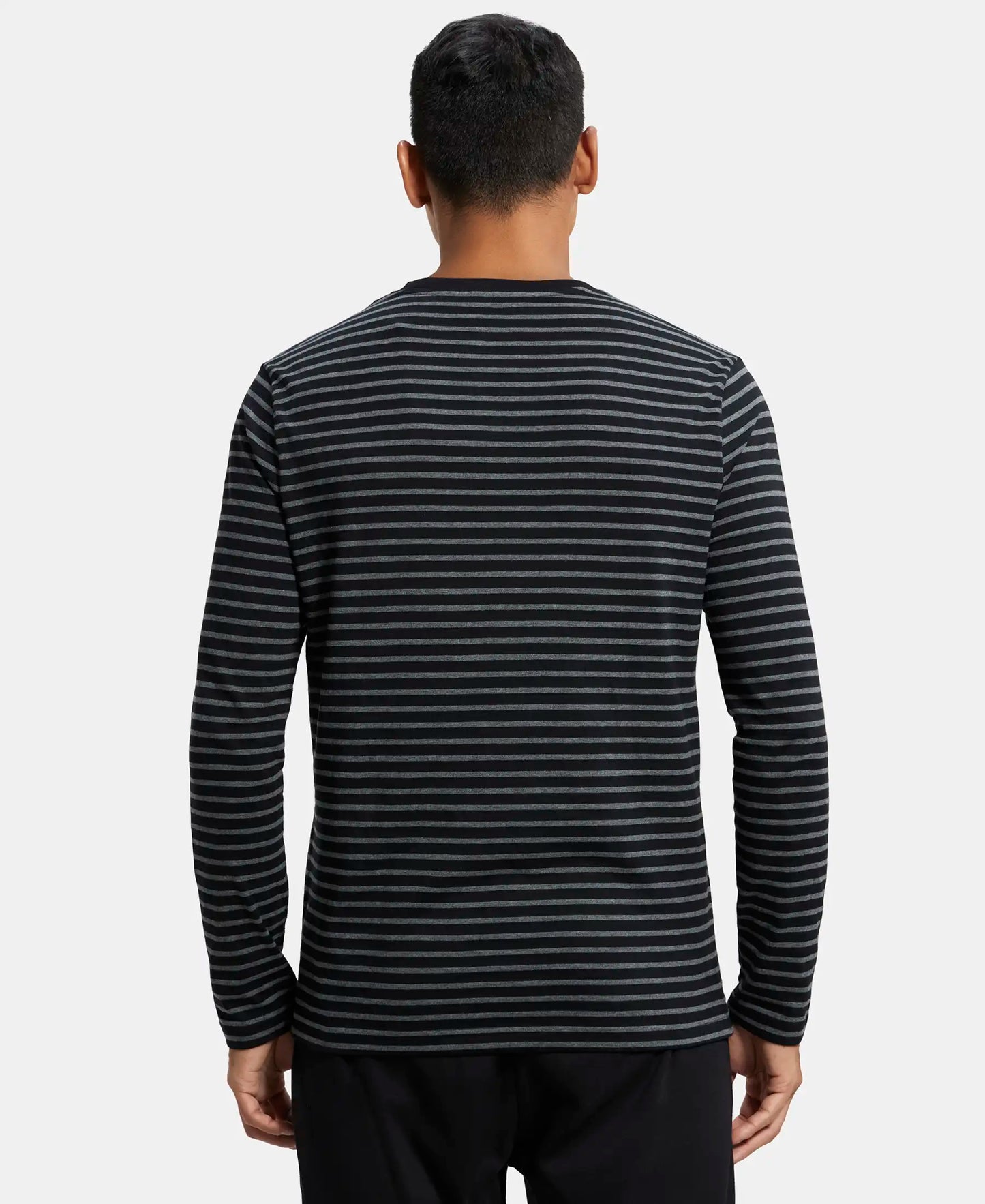 Super Combed Cotton Rich Striped Round Neck Full Sleeve T-Shirt - Black & Charcoal Melange-3
