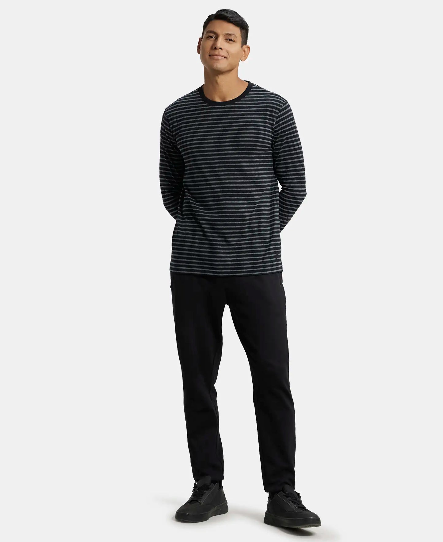 Super Combed Cotton Rich Striped Round Neck Full Sleeve T-Shirt - Black & Charcoal Melange-4