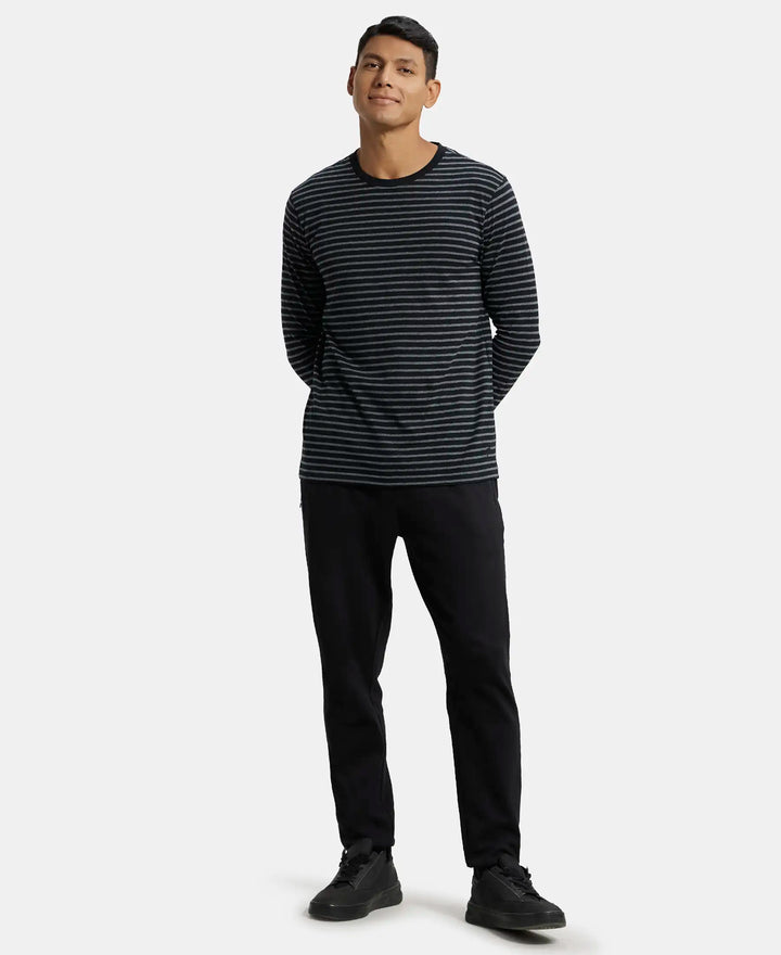 Super Combed Cotton Rich Striped Round Neck Full Sleeve T-Shirt - Black & Charcoal Melange-4