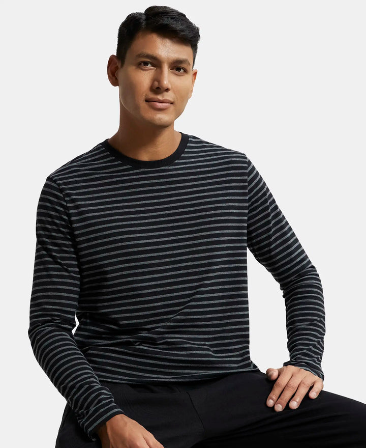 Super Combed Cotton Rich Striped Round Neck Full Sleeve T-Shirt - Black & Charcoal Melange-5