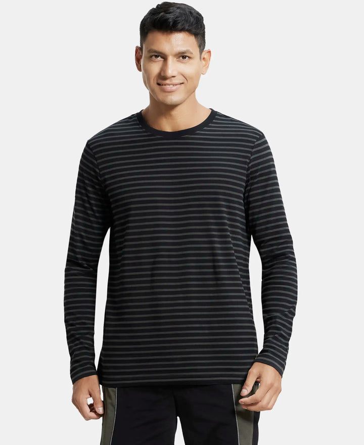 Super Combed Cotton Rich Striped Round Neck Full Sleeve T-Shirt - Black & Deep Olive-1