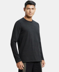 Super Combed Cotton Rich Striped Round Neck Full Sleeve T-Shirt - Black & Deep Olive-2