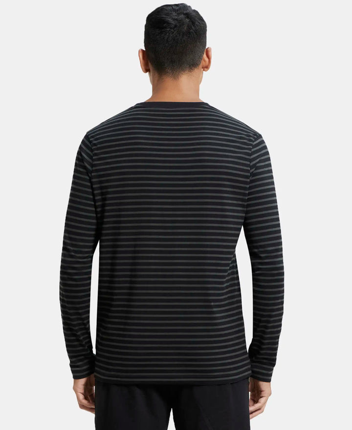 Super Combed Cotton Rich Striped Round Neck Full Sleeve T-Shirt - Black & Deep Olive-3
