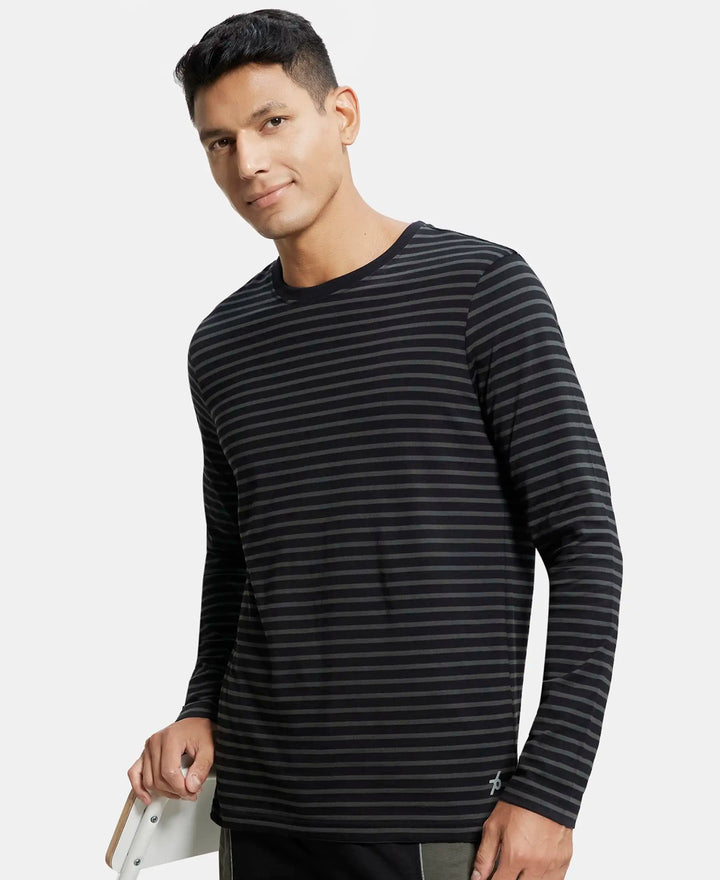 Super Combed Cotton Rich Striped Round Neck Full Sleeve T-Shirt - Black & Deep Olive-5