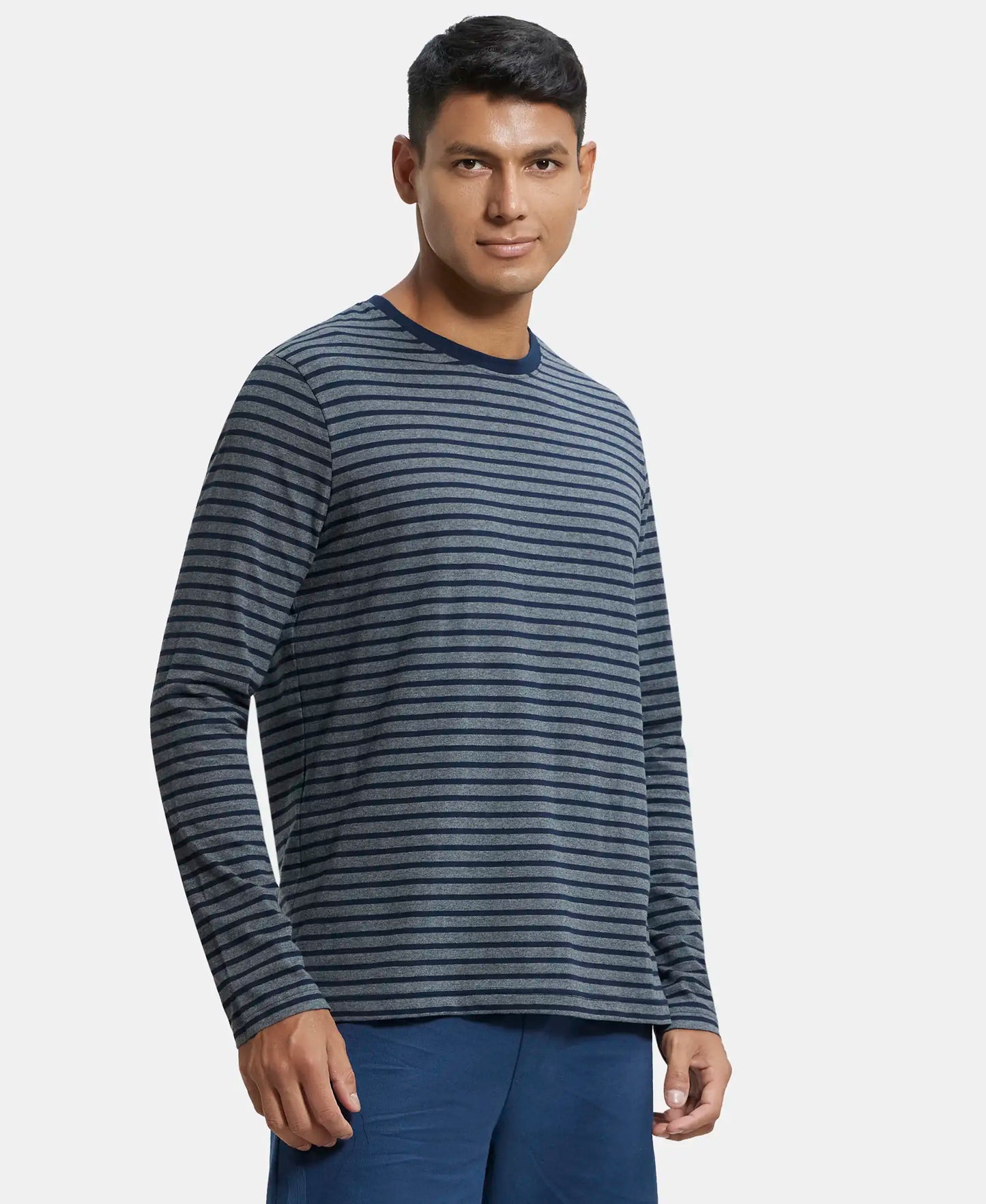 Super Combed Cotton Rich Striped Round Neck Full Sleeve T-Shirt - Charcoal & Navy-2