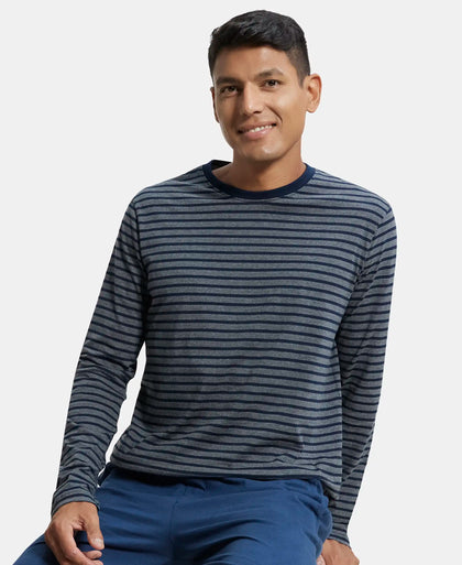 Super Combed Cotton Rich Striped Round Neck Full Sleeve T-Shirt - Charcoal & Navy-5