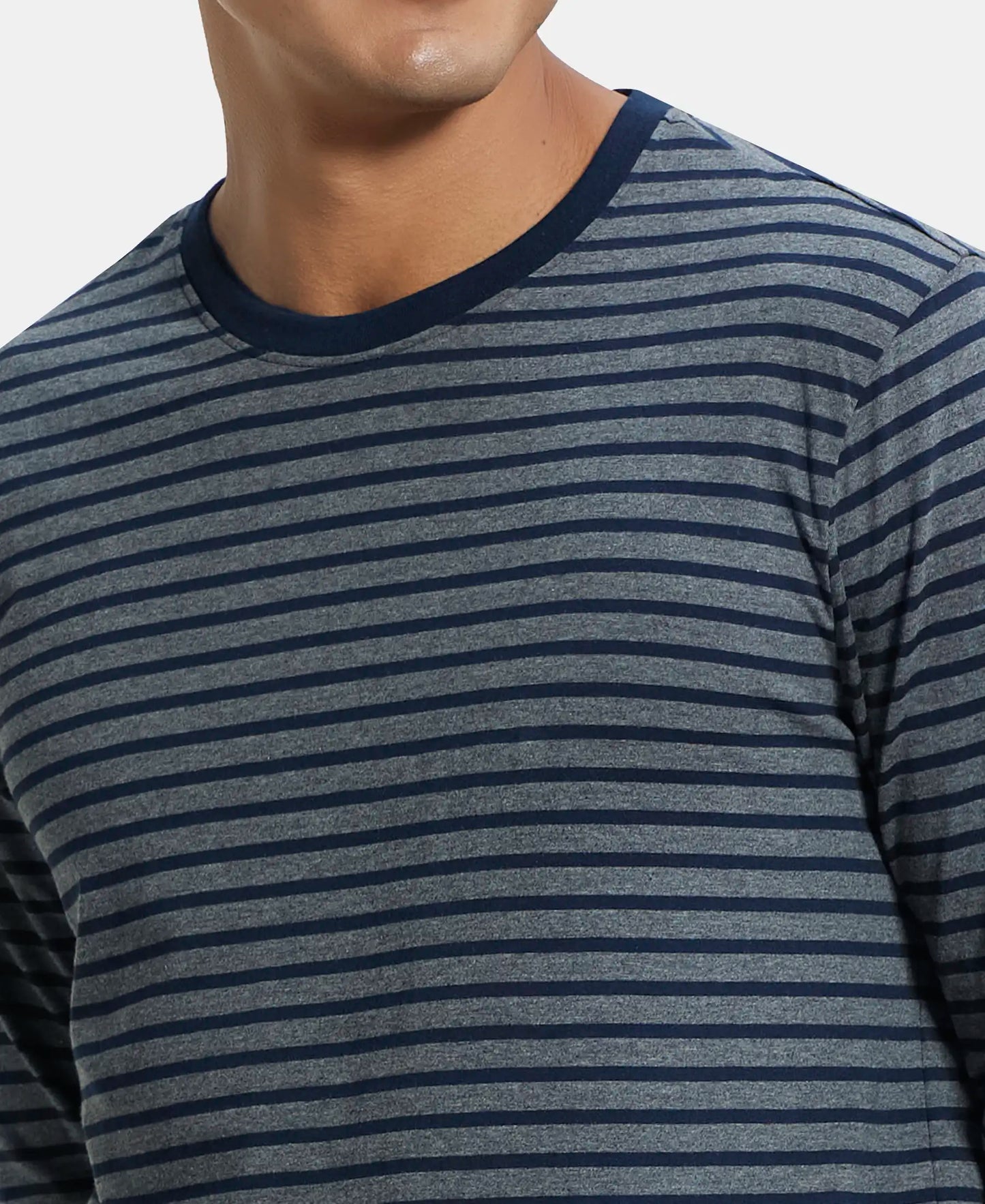 Super Combed Cotton Rich Striped Round Neck Full Sleeve T-Shirt - Charcoal & Navy-6