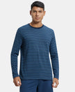 Super Combed Cotton Rich Striped Round Neck Full Sleeve T-Shirt - Navy Seaport Teal-1