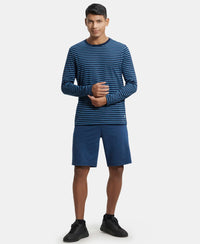 Super Combed Cotton Rich Striped Round Neck Full Sleeve T-Shirt - Navy Seaport Teal-4