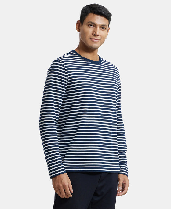 Super Combed Cotton Rich Striped Round Neck Full Sleeve T-Shirt - Navy & White-2