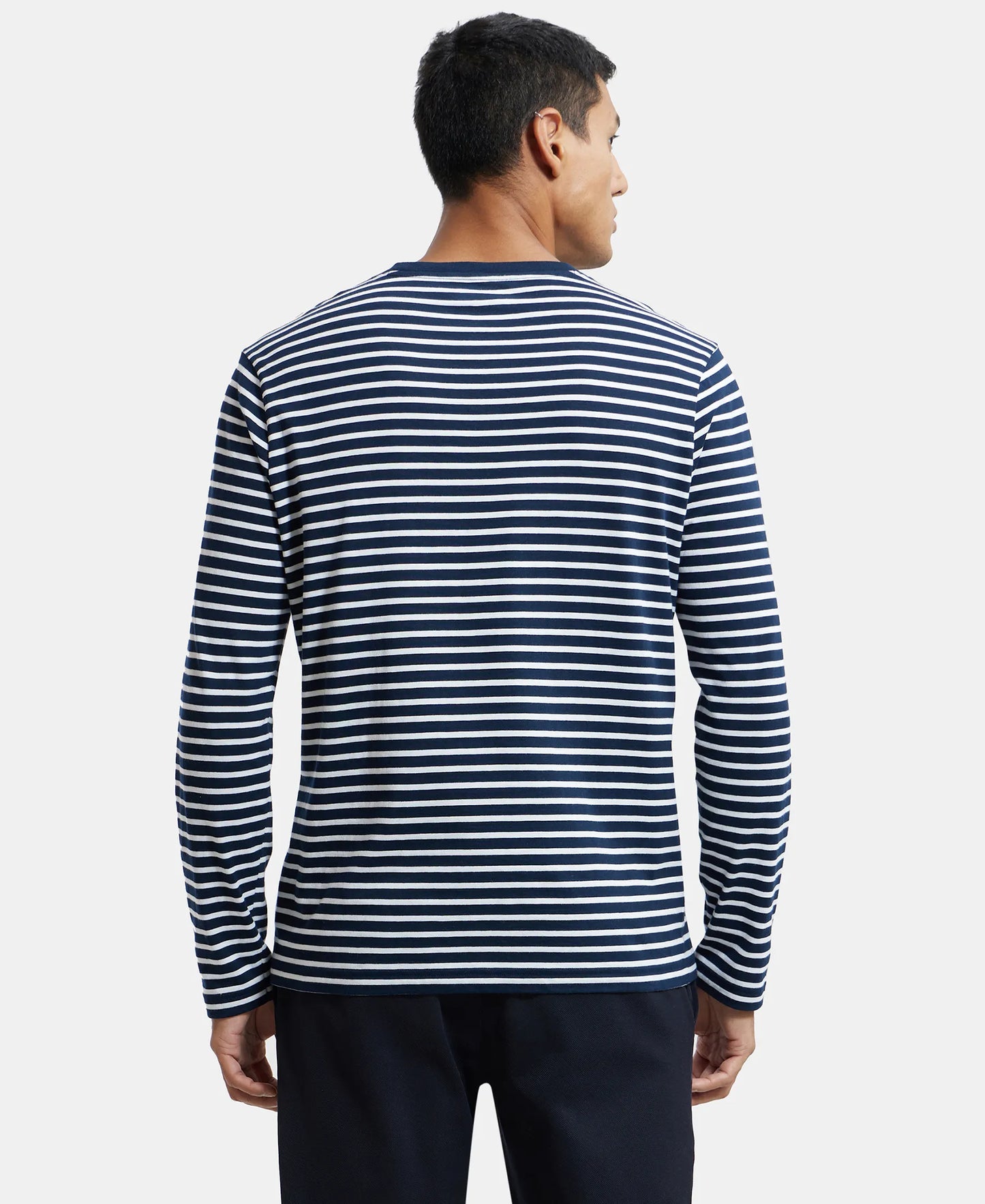 Super Combed Cotton Rich Striped Round Neck Full Sleeve T-Shirt - Navy & White-3