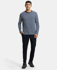 Super Combed Cotton Rich Striped Round Neck Full Sleeve T-Shirt - Navy & White-4