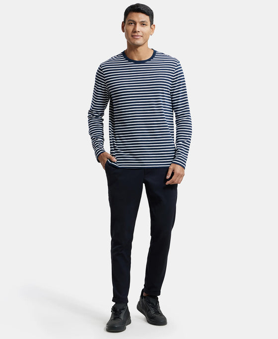 Super Combed Cotton Rich Striped Round Neck Full Sleeve T-Shirt - Navy & White-4