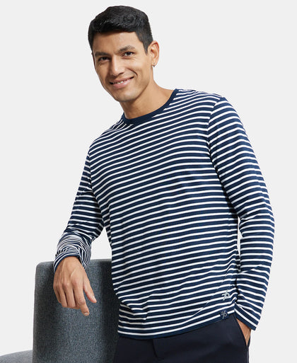 Super Combed Cotton Rich Striped Round Neck Full Sleeve T-Shirt - Navy & White-5