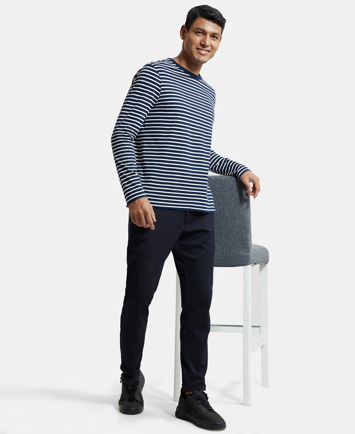 Super Combed Cotton Rich Striped Round Neck Full Sleeve T-Shirt - Navy & White-6