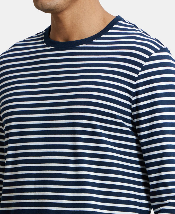 Super Combed Cotton Rich Striped Round Neck Full Sleeve T-Shirt - Navy & White-7