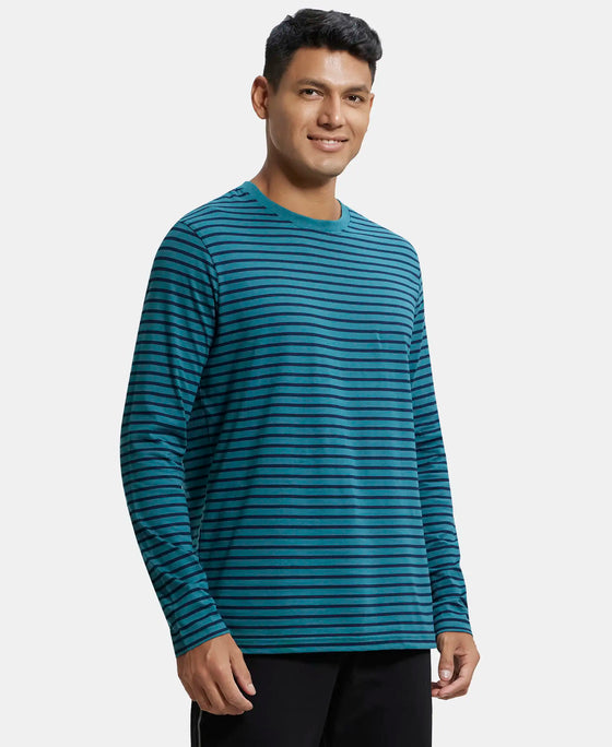 Super Combed Cotton Rich Striped Round Neck Full Sleeve T-Shirt - Pacific Green & Navy-2