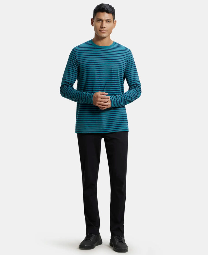 Super Combed Cotton Rich Striped Round Neck Full Sleeve T-Shirt - Pacific Green & Navy-3