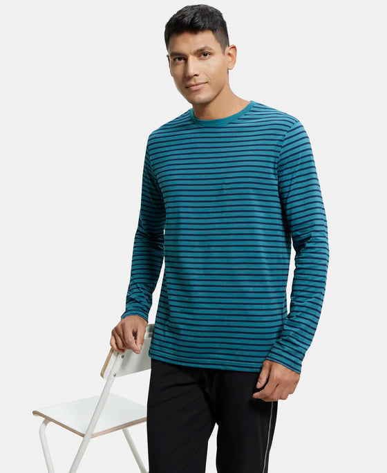 Super Combed Cotton Rich Striped Round Neck Full Sleeve T-Shirt - Pacific Green & Navy-4