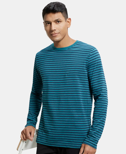 Super Combed Cotton Rich Striped Round Neck Full Sleeve T-Shirt - Pacific Green & Navy-5