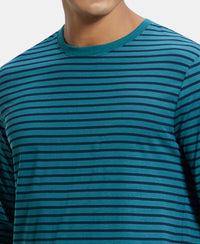 Super Combed Cotton Rich Striped Round Neck Full Sleeve T-Shirt - Pacific Green & Navy-6
