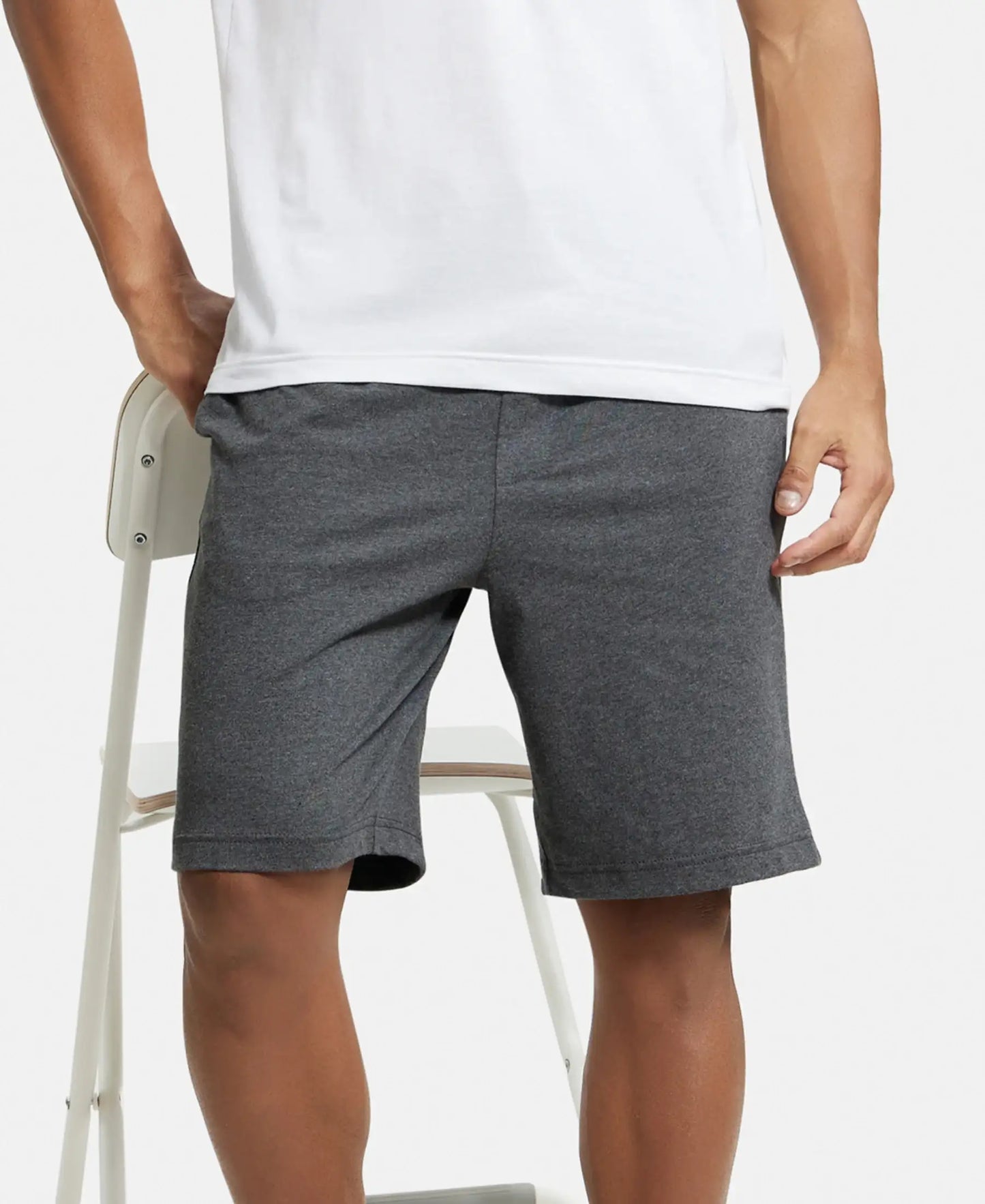 Super Combed Cotton Straight Fit Shorts with Side Pockets - Charcoal Melange-5